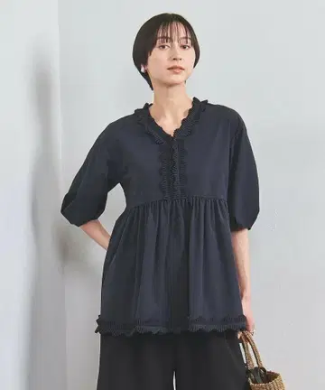 네이비 프릴 블라우스 오부 소매 유나이티드 애로우즈