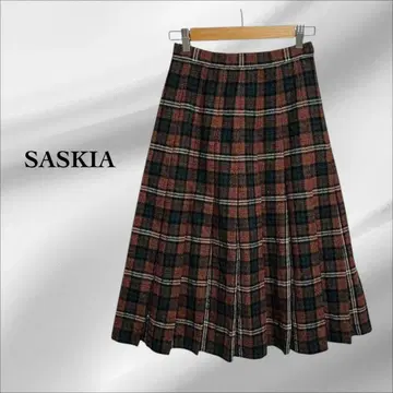 [ SASKIA ] 스커트 울 [ M ] 브라운 계열 체크 롱 플리츠