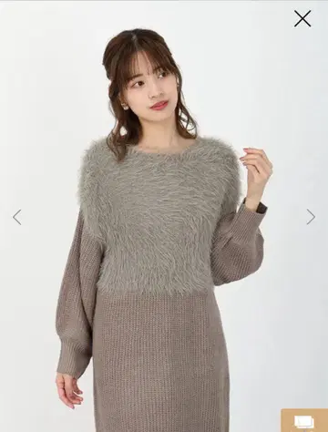 새상품 fifth 페더 니트 도킹 원피스 퍼 포함 그레이 긴팔 원피스