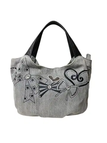 싱크비 리본즈 데님 백 자수 하트 핸드 토트 로고 벌