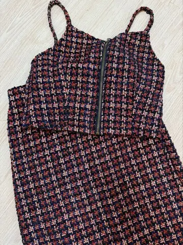 네이비 빨간색 라메 트위드 뷔스티에 셋업