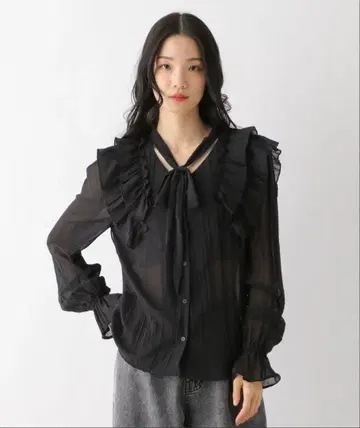 타이 플리츠 프릴 블라우스