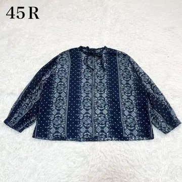 새상품급 45R 페이즐리 도트 스트라이프 프린트 블라우스 인디고