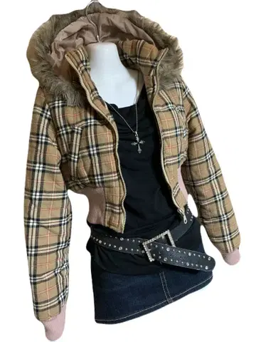 y2k 헤이세이 갸루 2way 체크 퍼 패딩 자켓 블루종