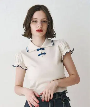 jouetie 퍼프 슬리브 차이나 폴로 상의