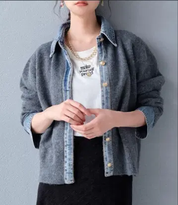 이소재 절개 데님 도킹 니트 가디건