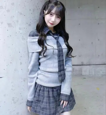 RESEXXY 셔츠 레이어드 니트탑 & 체크 미니 플레어 스커트