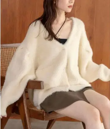 hinari 샤기 니트 가디건 아이보리