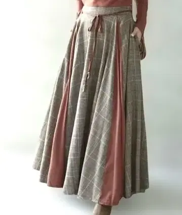 2plus8 글렌체크 그레이/홍차 격자 롱 플레어 스커트 F 사이즈