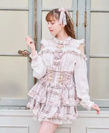 사다리 리본 체크 티어드 치마바지