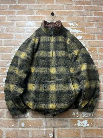 00s 플리스 자켓 아노락 하프 지퍼 체크 무늬 y2k 카키