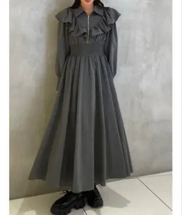 rienda 프론트 지퍼 프릴 셔츠 원피스