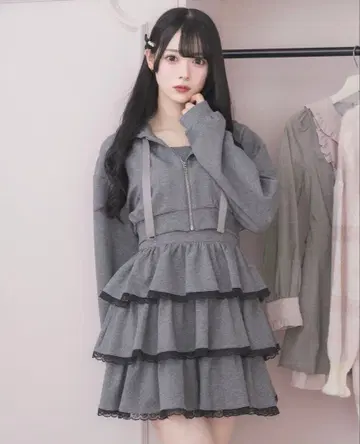 pium 티어드 원피스 x 숏 후드티 세트