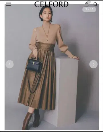 [ 새상품급 ] 셀포드 발수 타프타 니트 도킹 원피스 플레어 리본 38