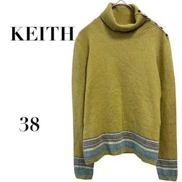 키이스 터틀넥 니트 보더 라인 카키 38 일본제 울