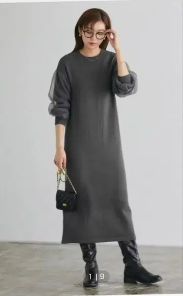 소매 쉬폰 니트 원피스 롱 맥시 그레이