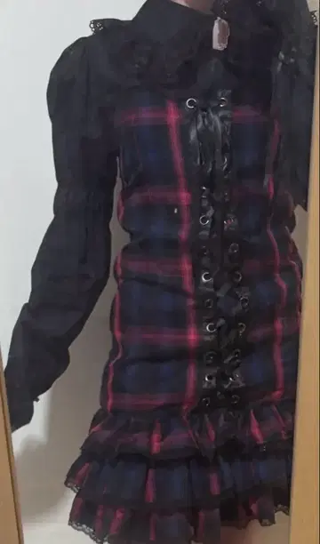 체크 원피스 오버롤 스커트