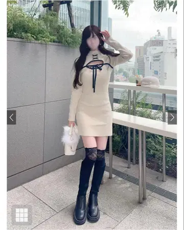 프론트 오픈 배색 리본 원피스