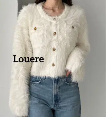 [컨디션 최상] Louere 루엘레 골드 버튼 샤기 가디건 화이트