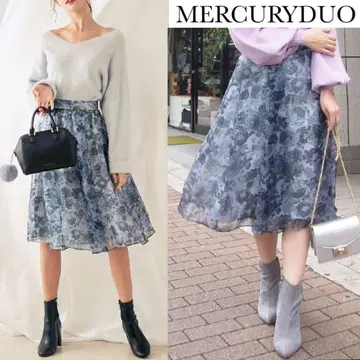 머큐리 듀오 로즈 프린트 오간자 플레어 스커트