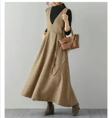 브라운 믹스 V넥 오버롤 스커트 롱 원피스 라지엠