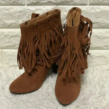 [ 미사용 ] 프린지 스웨이드 숏부츠 청키힐 37 브라운