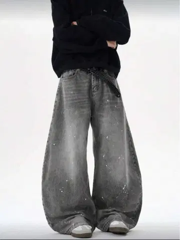 배기 데님 와이드 팬츠 페인트 벌룬 그레이 Y2K L 지저인