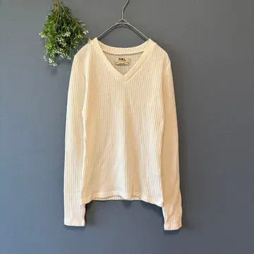 그레일 [M] 청순 내추럴 얇은 소재 어른의 긴팔 V넥 화이트 리브 니트
