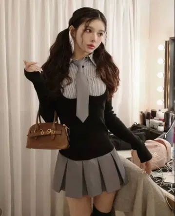 다리치 셔츠 도킹 니트 미니 원피스