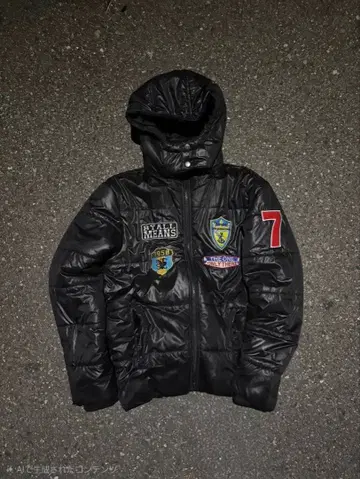 후드 부착 블랙 다운 자켓 와펜