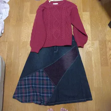 패치워크 데님 롱 스커트 세트