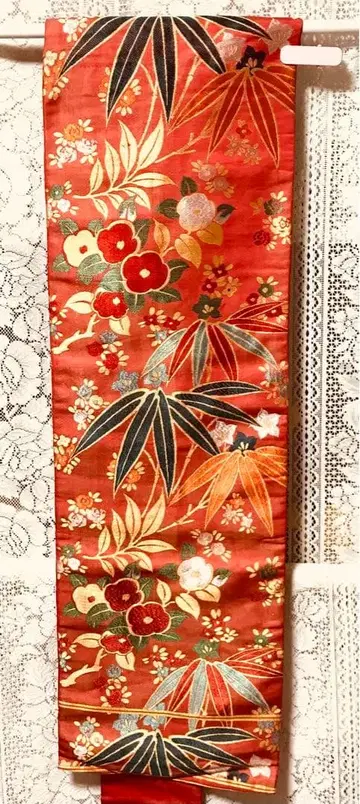 앤티크 나고야 오비 다이쇼 로망 동백, 대나무, 초롱꽃 등 꽃무늬