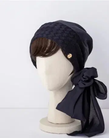 BAREN 스카프 햇 레이스 니트 네이비 & 앞머리 가발