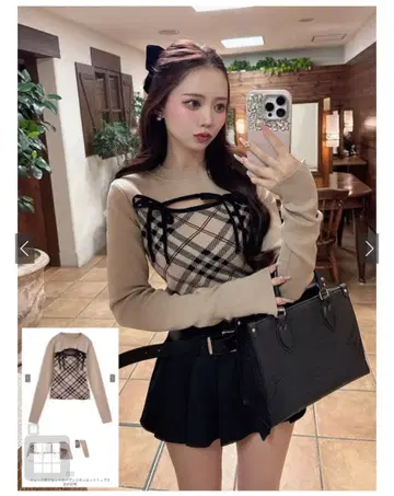 GRL 체크 무늬 프론트 오픈 리본 니트탑 ru1374