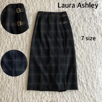 로라 애슐리 타탄 체크 퀼트 스커트 플리츠 블랙 가죽 S