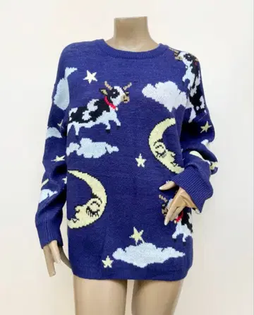 새상품 import 소와 달과 구름 패턴의 스웨터 네이비 L~XL 정도