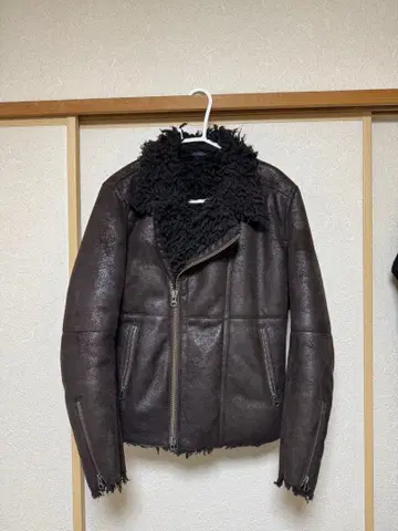 무스탕 보아 가죽 라이더 자켓 브라운