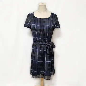 요크랜드 A라인 시어 체크 원피스 리본 벨트 네이비 11