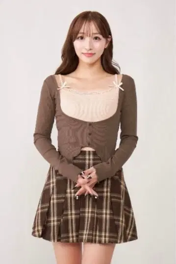 [ 새상품 ] Darich 리본 레이스 레이어드 리브 상의 다리치 브라운