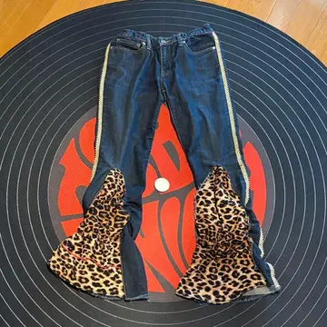 구제 의류 리메이크/레오파드/플레어 데님/셔링 가공/허리밴딩/M 사이즈