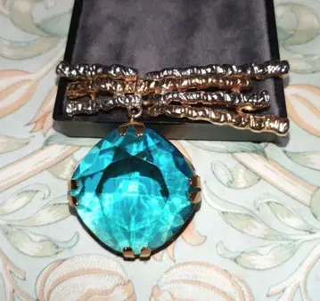 유럽제 대형 아쿠아 블루 유리 빈티지 브로치