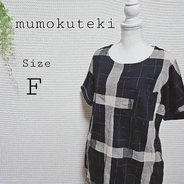 mumokuteki 체크 무늬 칠부 소매 튜닉 F 린넨 100%