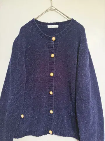 네이비 니트 가디건 버튼 포함 라메 믹스