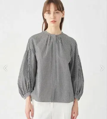 보르지 코튼큐프라 깅엄 체크 개더 퍼프 블라우스 ballsey