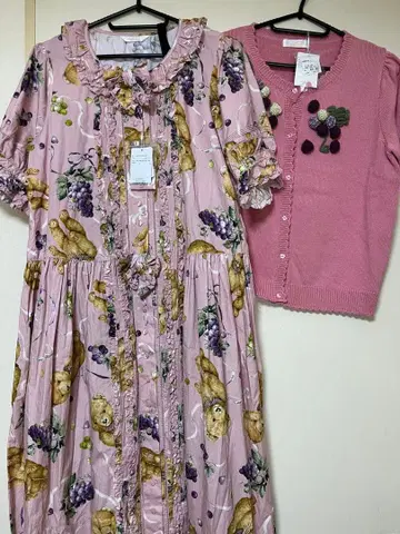 PINK HOUSE 곰 포도 프린트 시리즈 원피스와 가디건