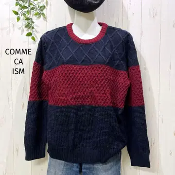 COMME CA ISM 네이비 버건디 보더 니트 스웨터 L