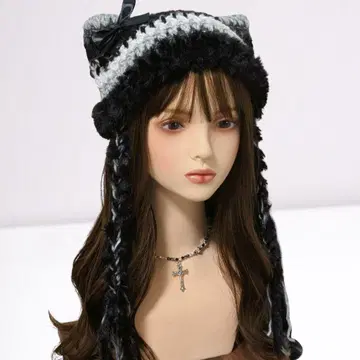 핸드메이드 고양이 귀 니트 모자 블랙 화이트 리본 포함 y2k 그런지