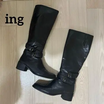 ing 롱 부츠 블랙 천연 가죽 벨트 버클