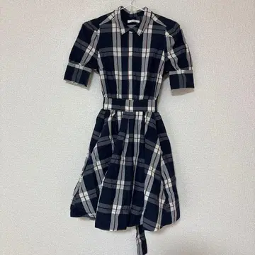 스나이델 셔츠 원피스 체크 무늬 백리본 A라인 퍼프 슬리브