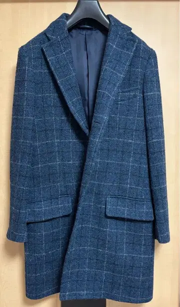 해리스 트위드 네이비 체크 체스터 코트